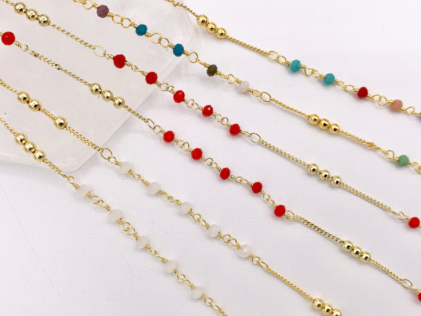 Wired Crystal Beaded Chain in 18K Gold Plated Copper By The Spool For Jewelry Making