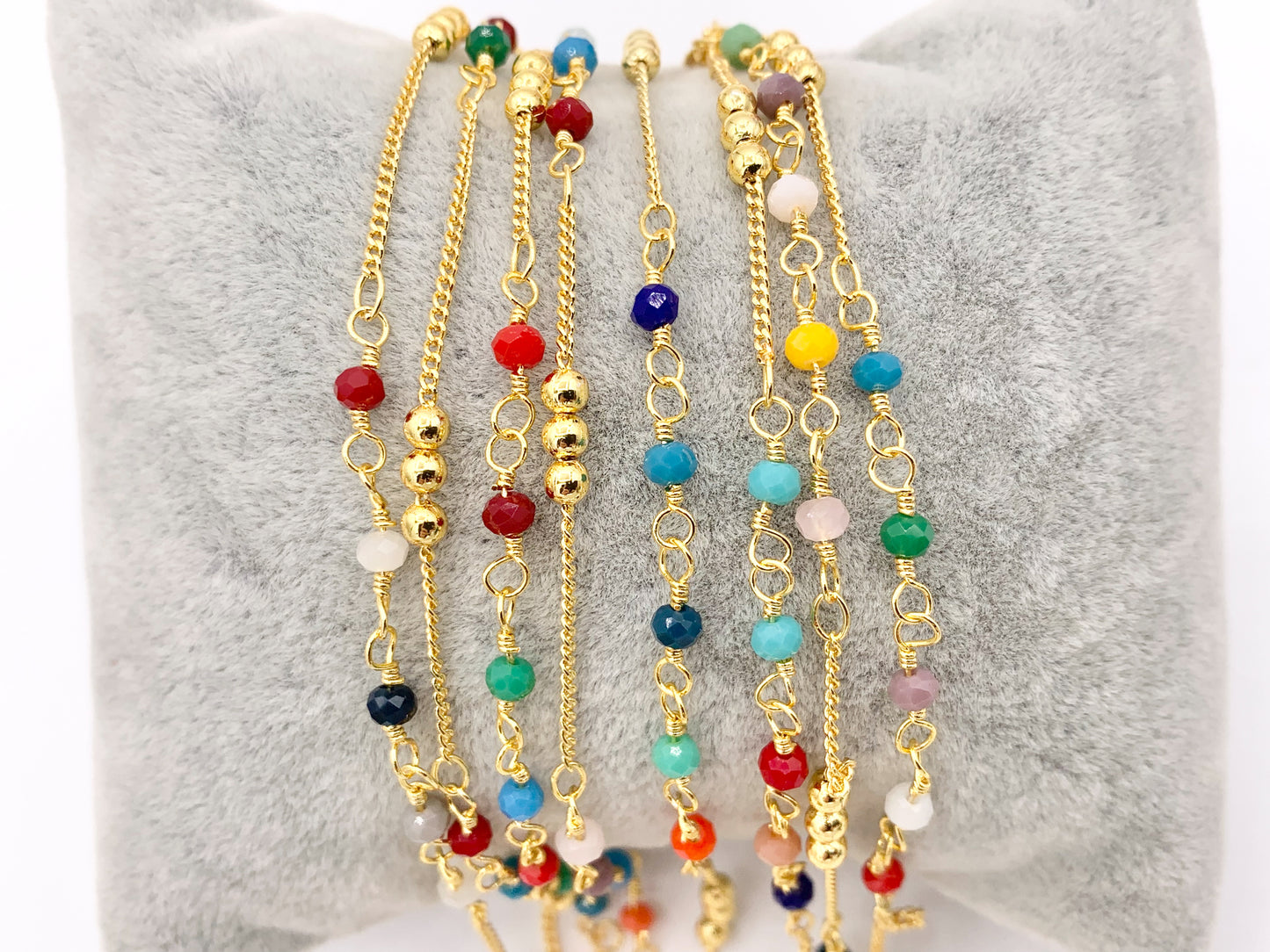 Wired Crystal Beaded Chain in 18K Gold Plated Copper By The Spool For Jewelry Making