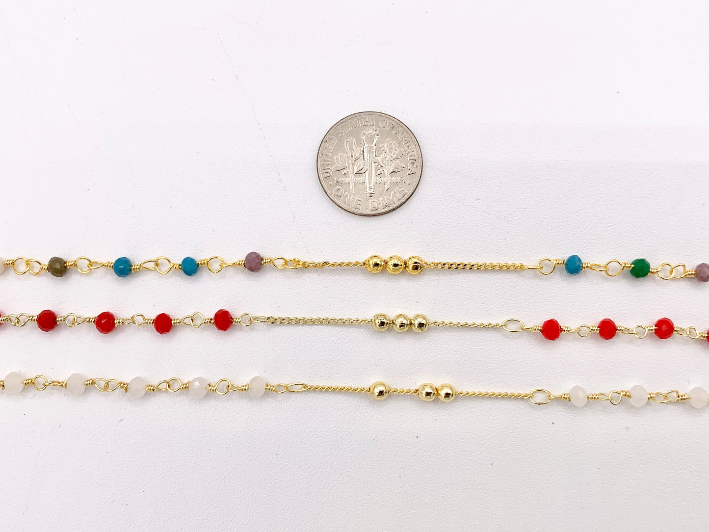 Wired Crystal Beaded Chain in 18K Gold Plated Copper By The Spool For Jewelry Making