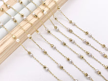 Cargar imagen en el visor de la galería, White Imitation Pearl Resin Pearl With Faceted Gold Beads Chain in Real Gold 18K Plated Copper By The Spool For Jewelry Making/Designs
