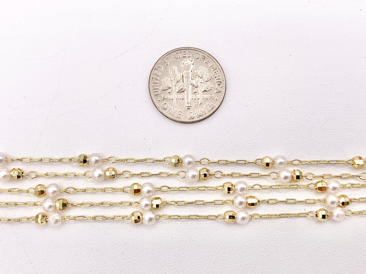 White Imitation Pearl Resin Pearl With Faceted Gold Beads Chain in Real Gold 18K Plated Copper By The Spool For Jewelry Making/Designs