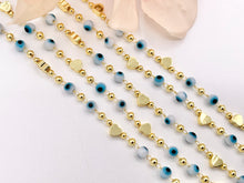 Load image into Gallery viewer, White &amp; Blue Evil Eye + Gold Heart Chain in 18K Gold Plated Copper By The Spool
