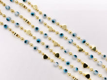 Load image into Gallery viewer, White &amp; Blue Evil Eye + Gold Heart Chain in 18K Gold Plated Copper By The Spool
