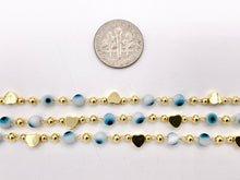 Load image into Gallery viewer, White &amp; Blue Evil Eye + Gold Heart Chain in 18K Gold Plated Copper By The Spool
