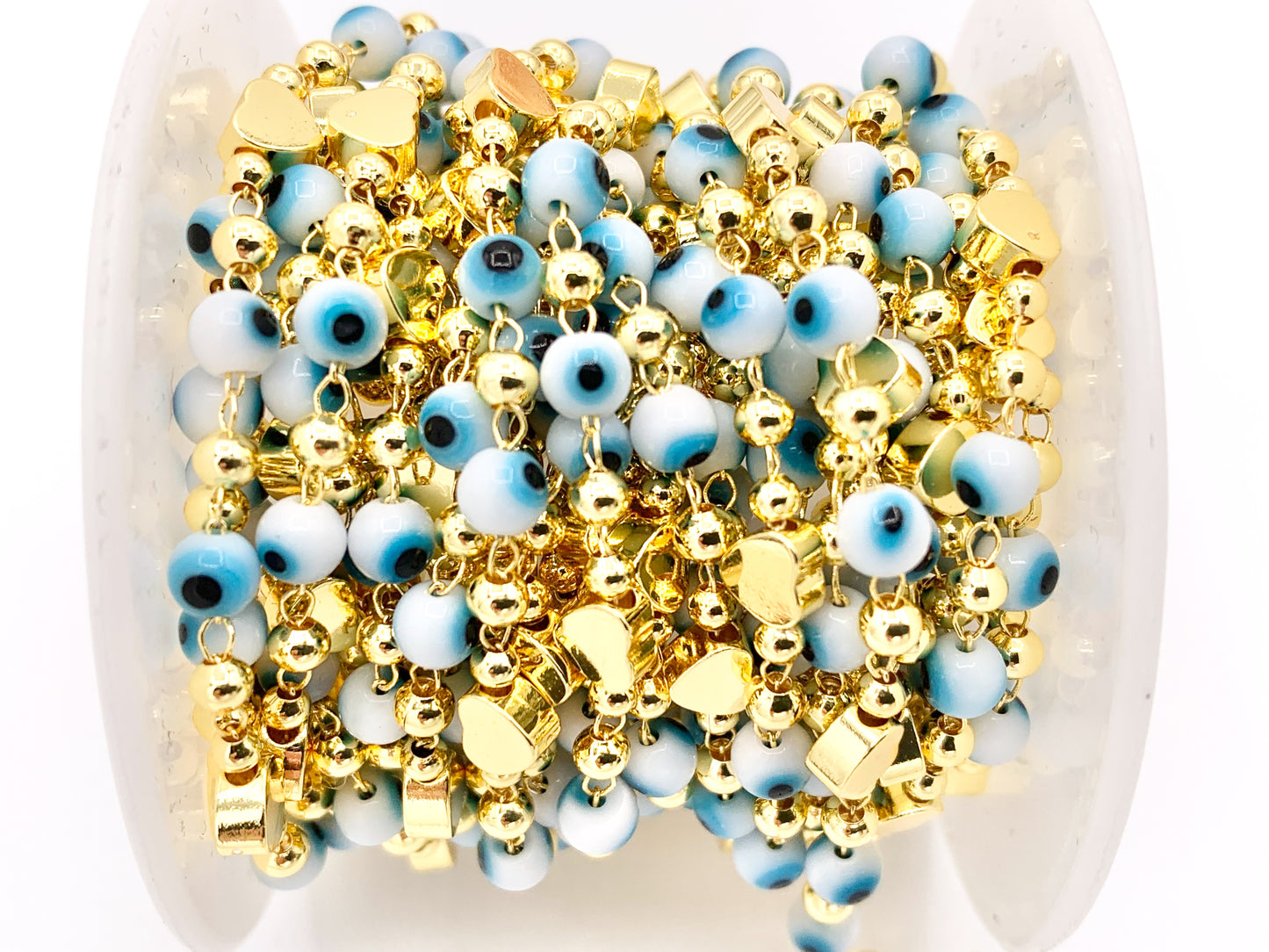 White & Blue Evil Eye + Gold Heart Chain in 18K Gold Plated Copper By The Spool