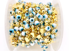 Load image into Gallery viewer, White &amp; Blue Evil Eye + Gold Heart Chain in 18K Gold Plated Copper By The Spool
