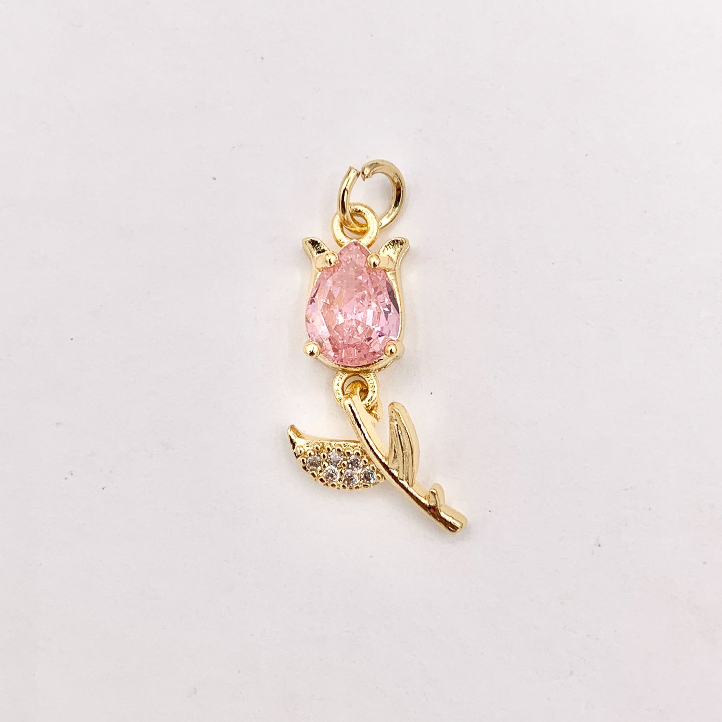 Dainty Dangle Pink Tulips Flower Charms in Real Gold 18K Plated Micro CZ Pave Over Brass 10 PCS