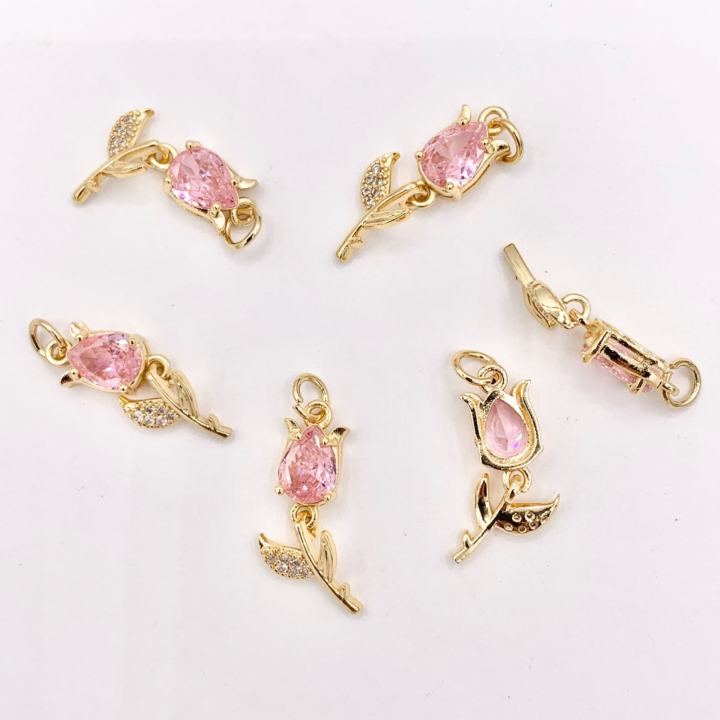 Dainty Dangle Pink Tulips Flower Charms in Real Gold 18K Plated Micro CZ Pave Over Brass 10 PCS