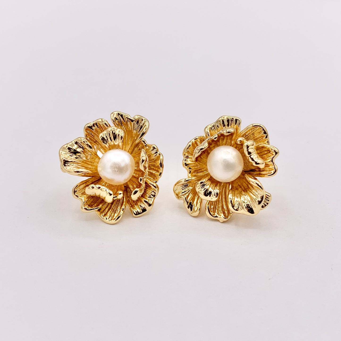 Freshwater Pearl Flower Earring Studs in Real 18K Gold Plated Over Copper 3 Pairs