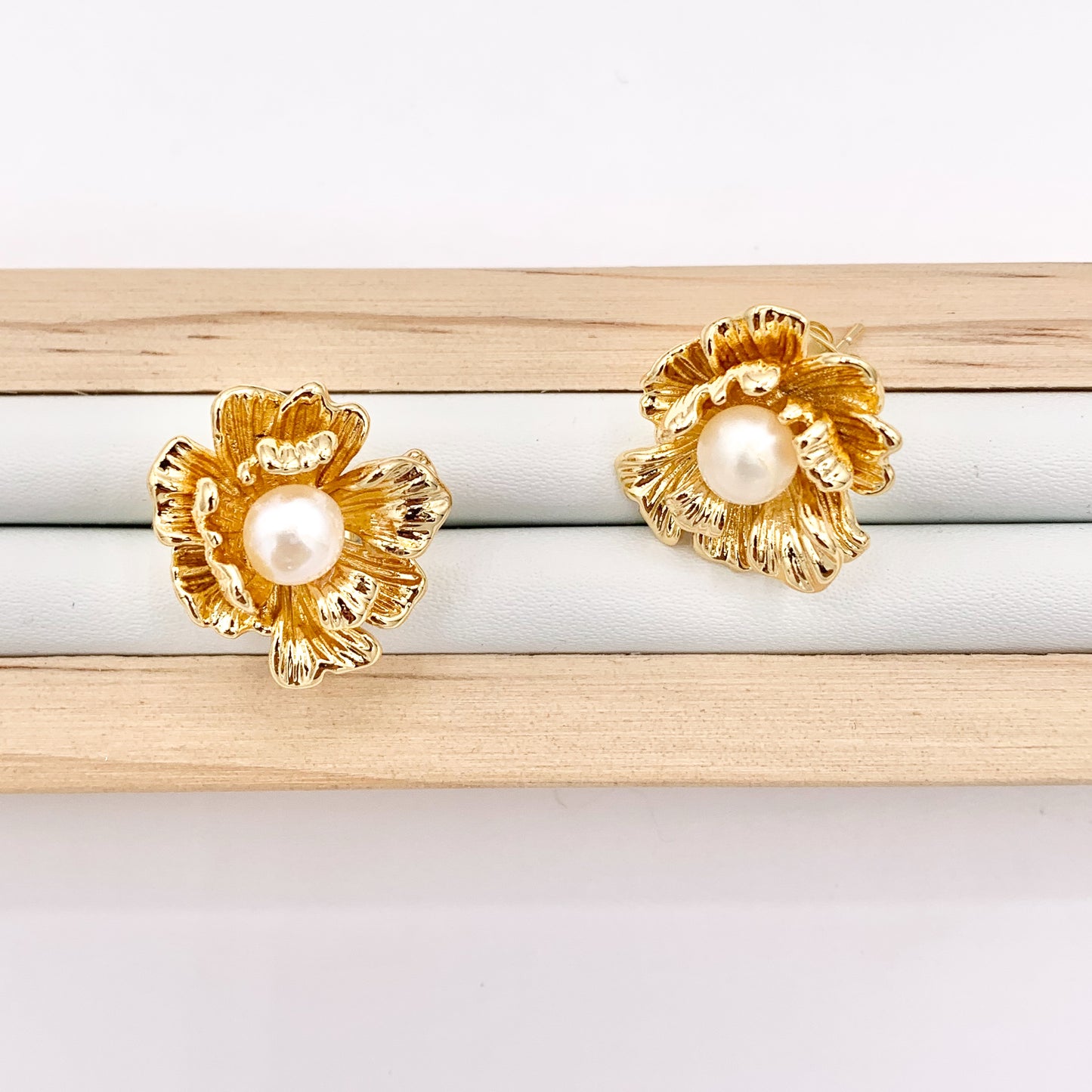 Freshwater Pearl Flower Earring Studs in Real 18K Gold Plated Over Copper 3 Pairs