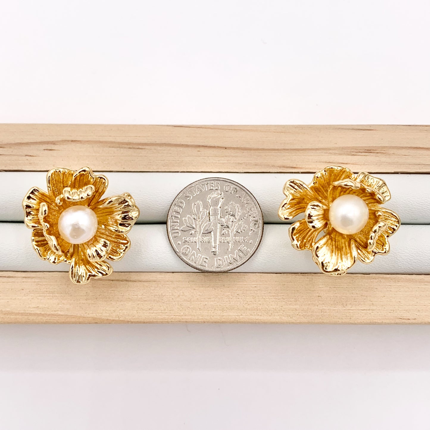 Freshwater Pearl Flower Earring Studs in Real 18K Gold Plated Over Copper 3 Pairs