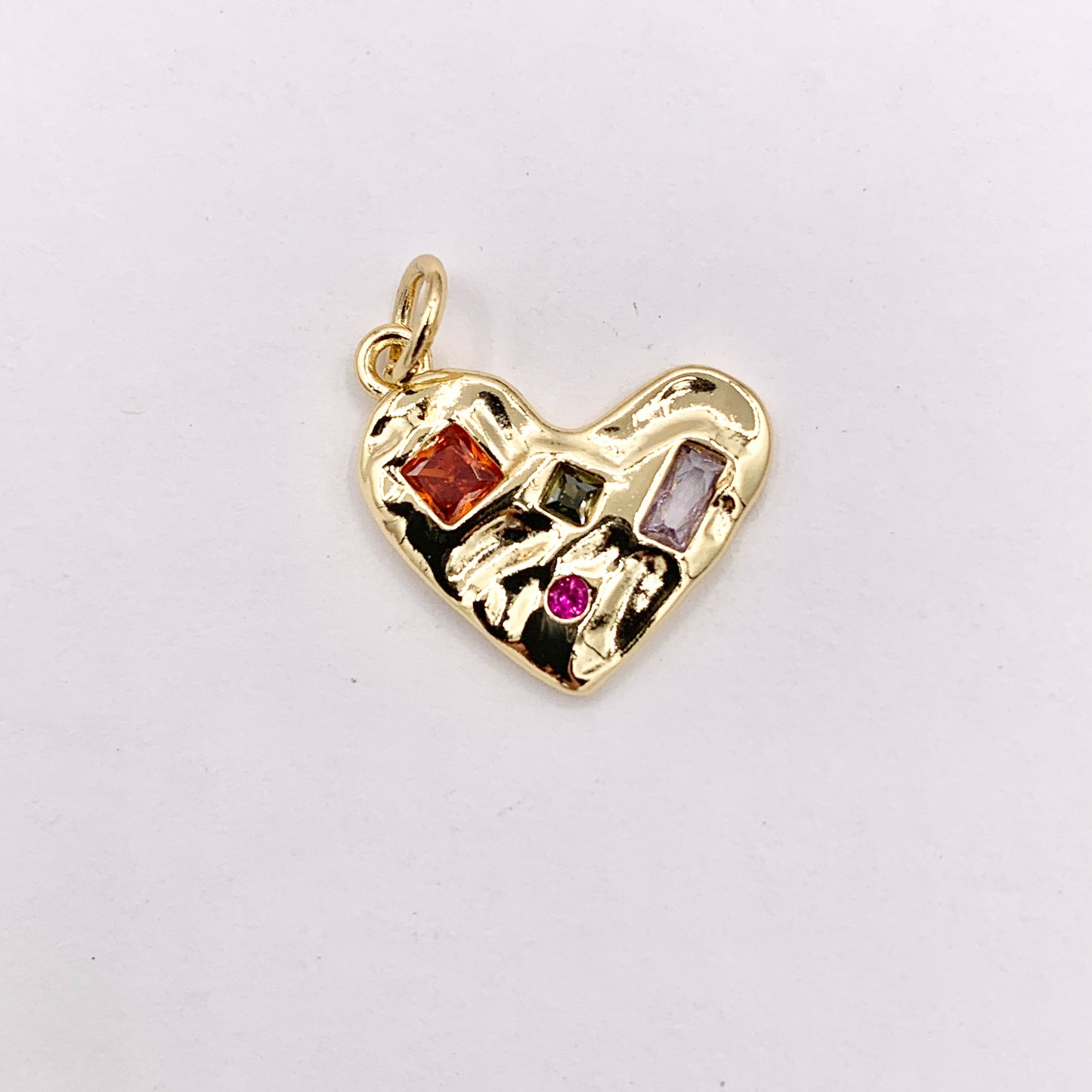 Colorful Rhinestone Heart Charm Hammered Pendants in CZ Pave 18K Gold Plated Copper 10 PCS