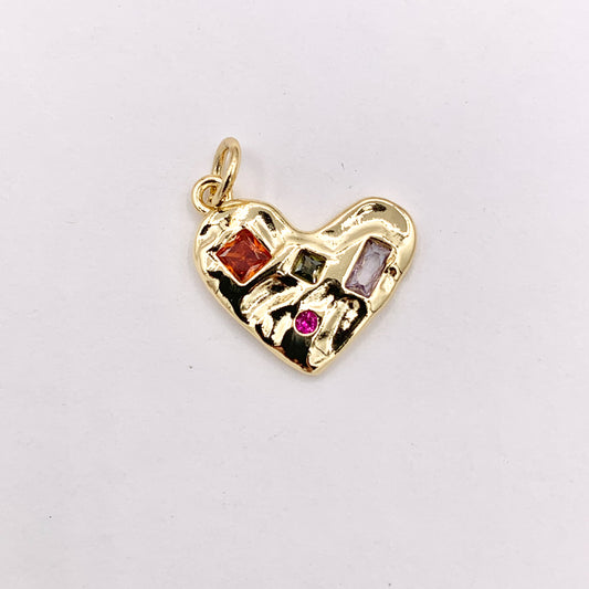 Colorful Rhinestone Heart Charm Hammered Pendants in CZ Pave 18K Gold Plated Copper 10 PCS