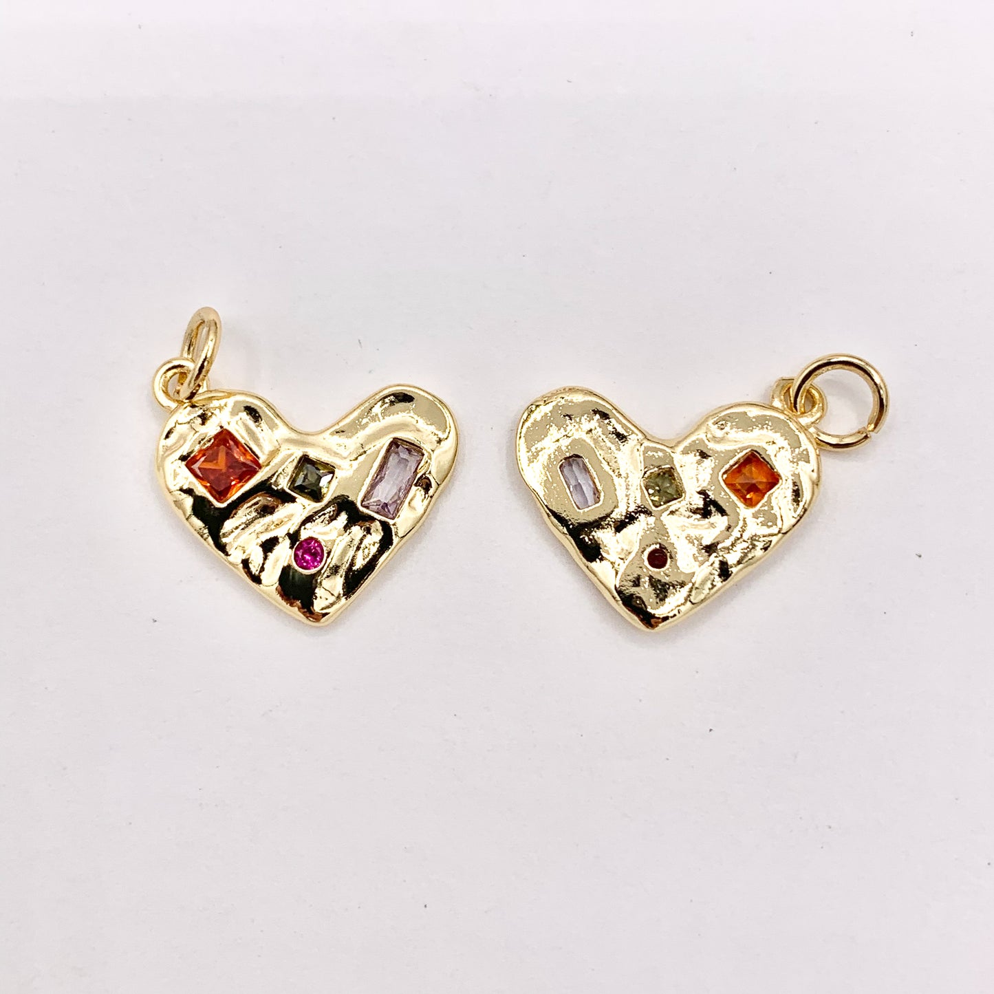 Colorful Rhinestone Heart Charm Hammered Pendants in CZ Pave 18K Gold Plated Copper 10 PCS