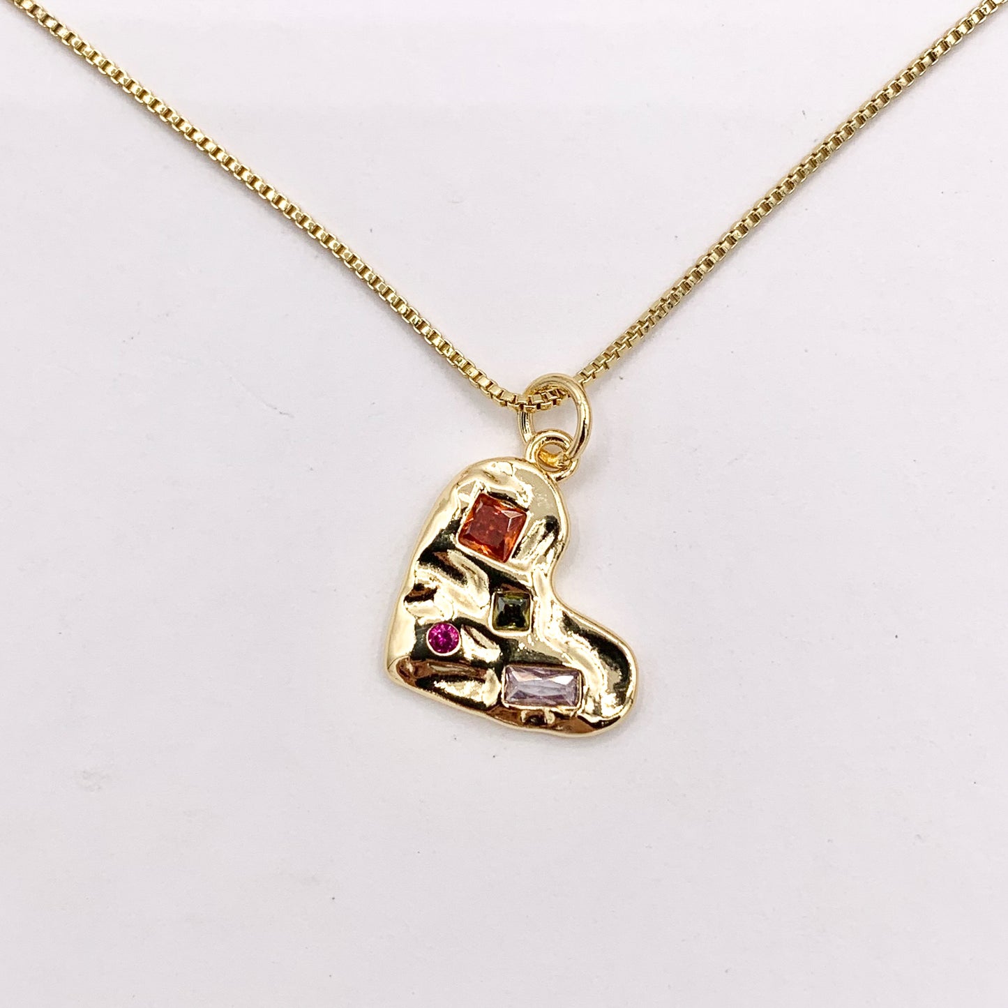 Colorful Rhinestone Heart Charm Hammered Pendants in CZ Pave 18K Gold Plated Copper 10 PCS