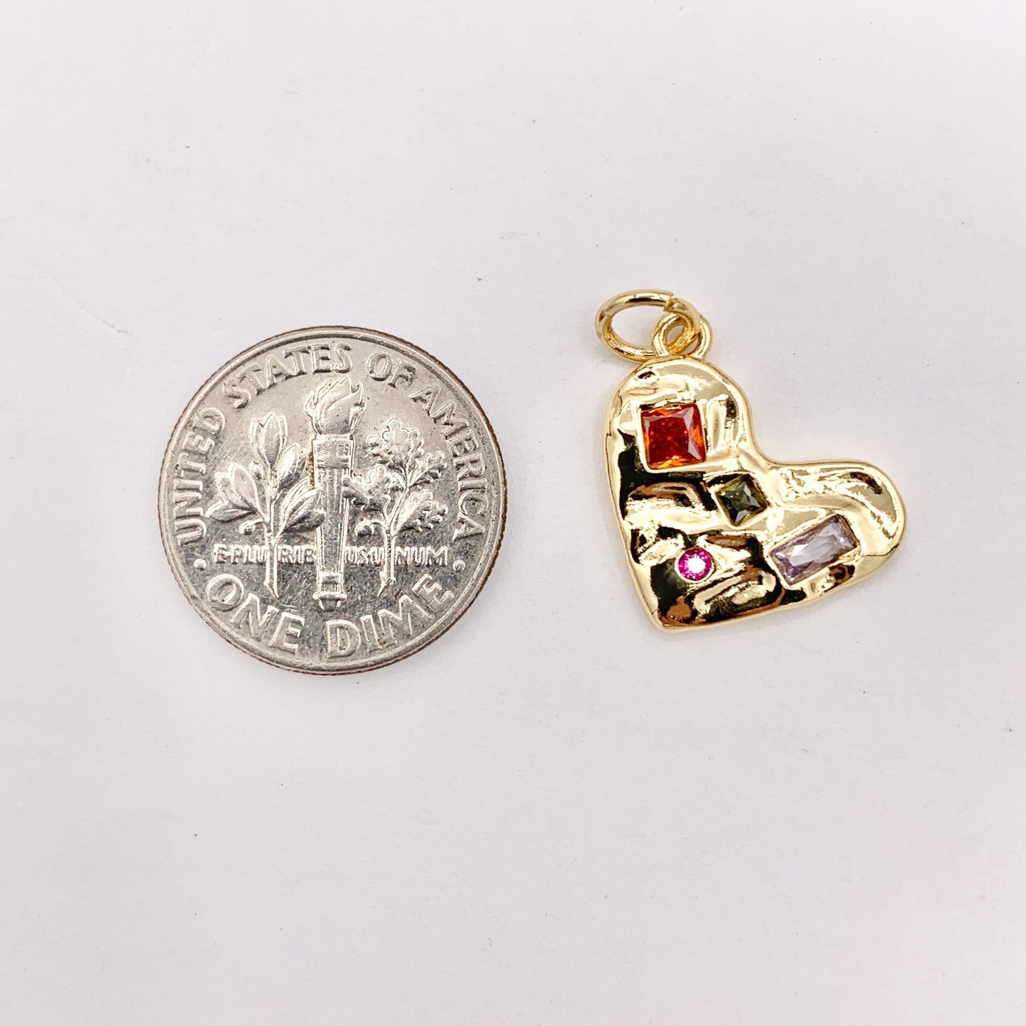 Colorful Rhinestone Heart Charm Hammered Pendants in CZ Pave 18K Gold Plated Copper 10 PCS