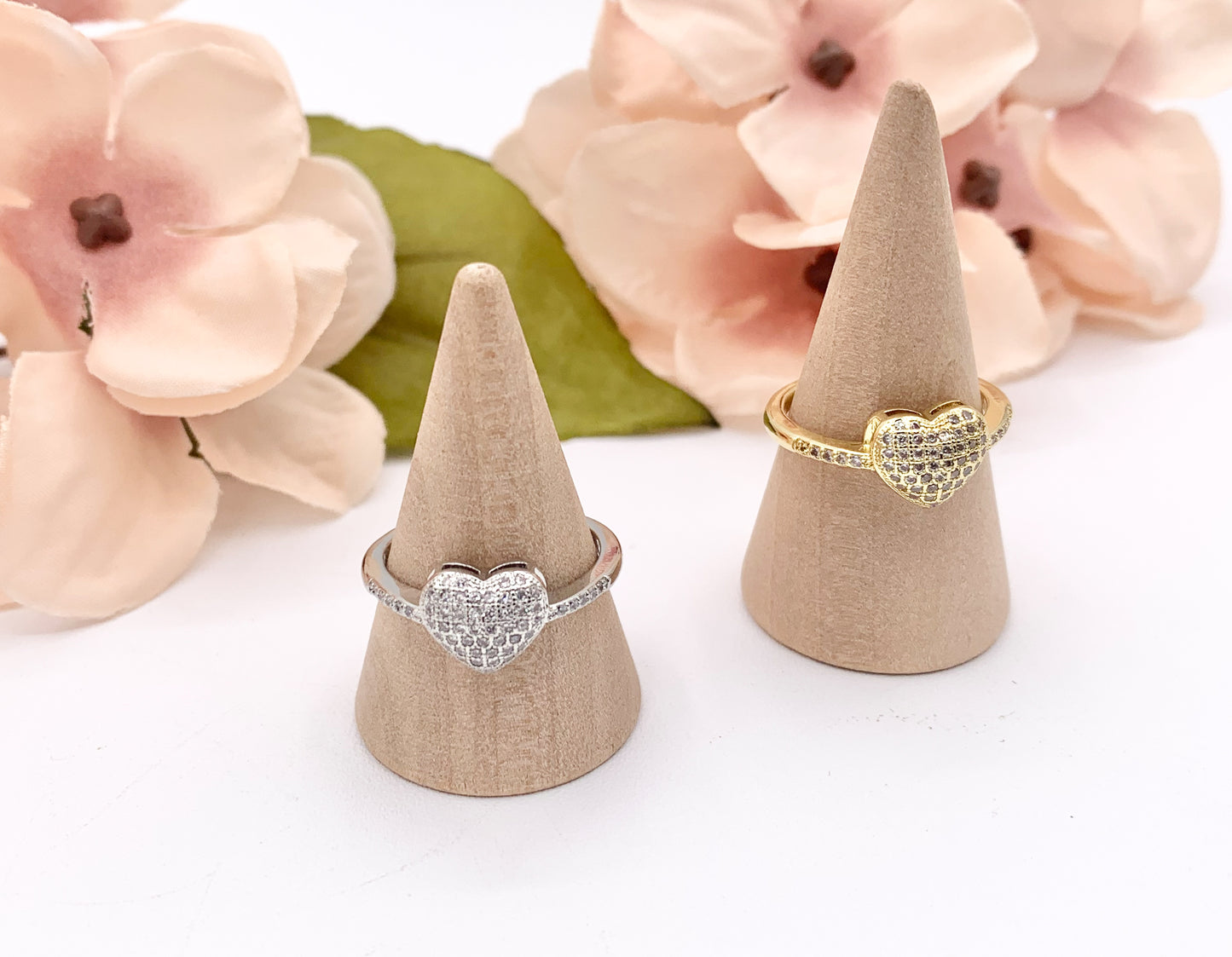 Statement CZ Cubic Zirconia Heart Rings in 18K Gold or Silver plated Copper 5 PCS
