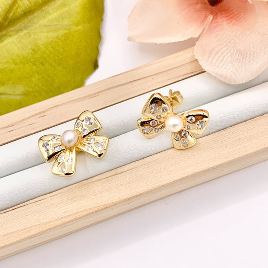 Cute CZ Pave Bowtie Studs with Pearl in 18K Gold plated Copper 4 PAIRS