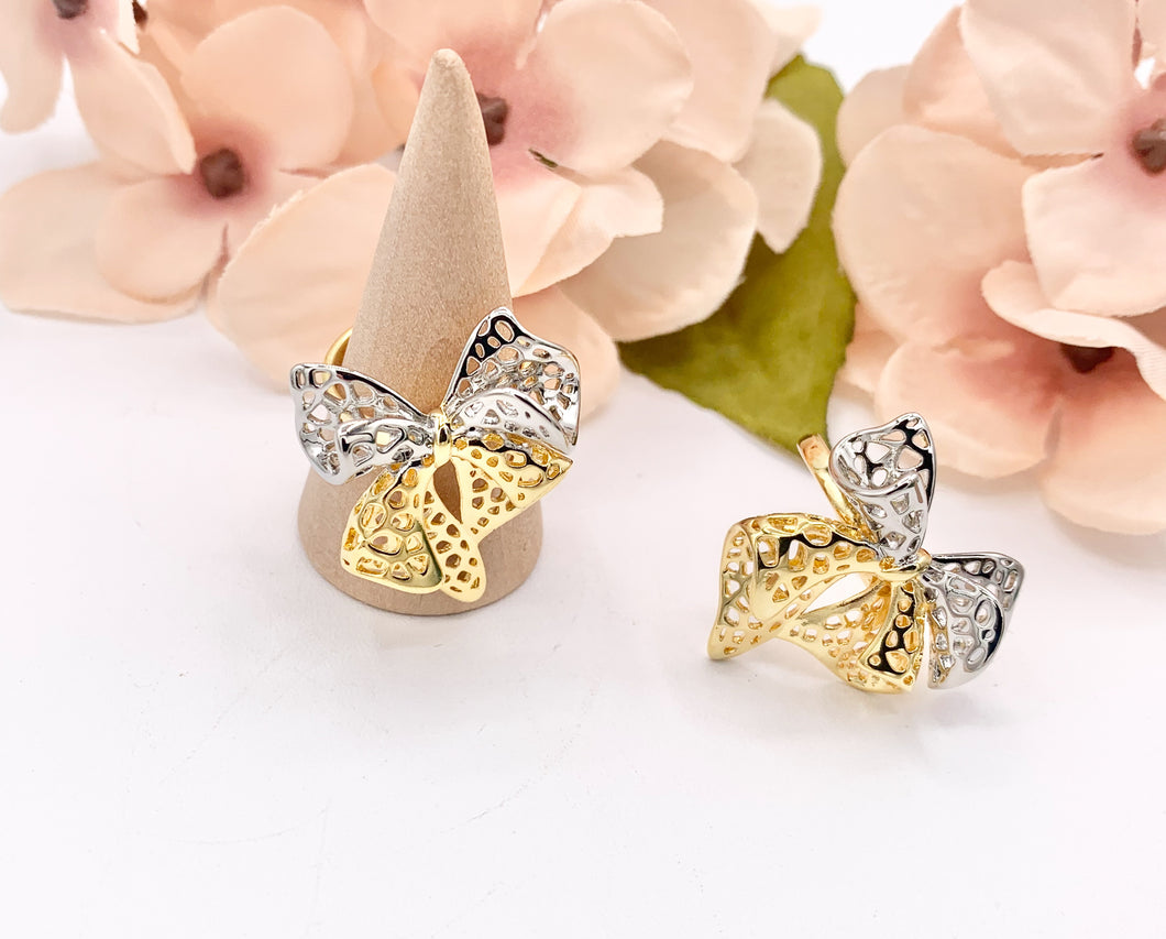 Beautiful 2 Tone Filigree Large 3D Bow Tie Adjustable Ring in Real Gold/Silver 18K Plated 4 PCS