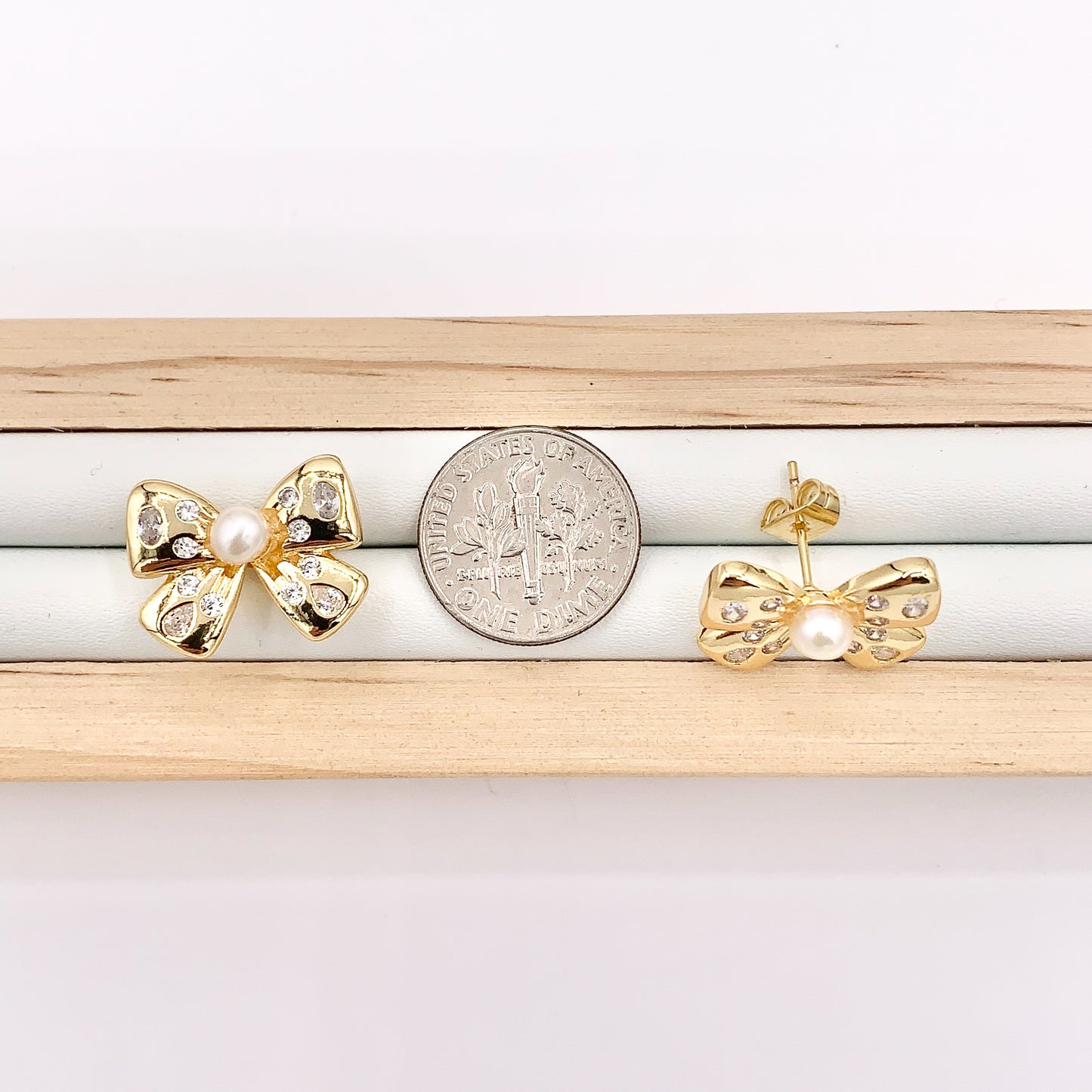 Cute CZ Pave Bowtie Studs with Pearl in 18K Gold plated Copper 4 PAIRS