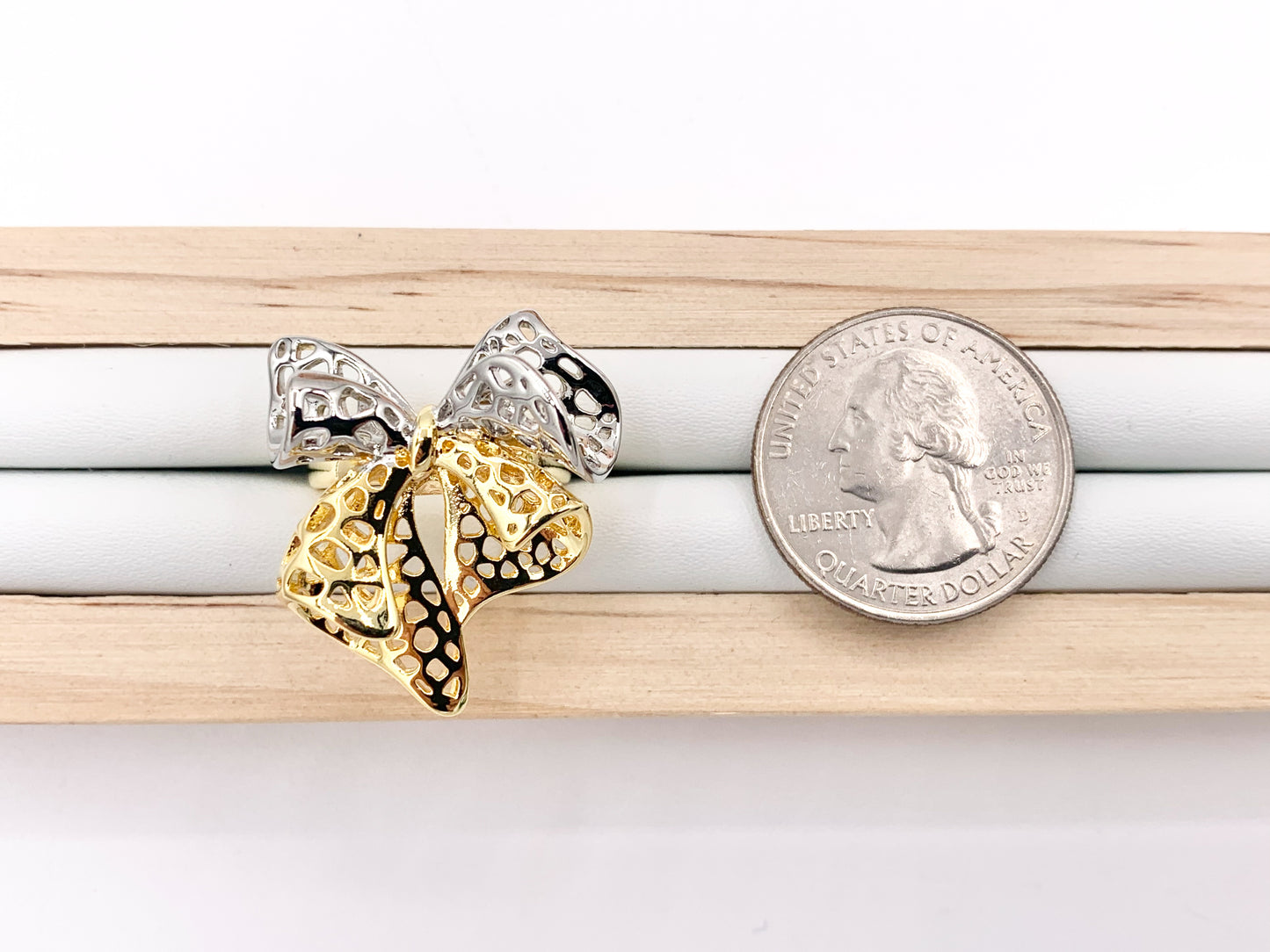 Beautiful 2 Tone Filigree Large 3D Bow Tie Adjustable Ring in Real Gold/Silver 18K Plated 4 PCS