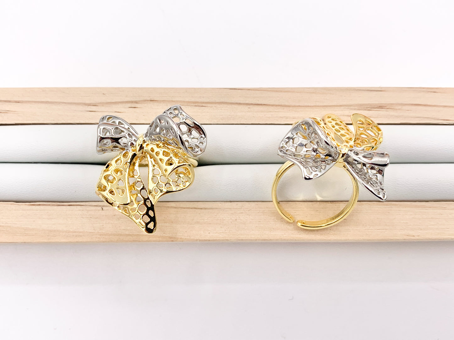 Beautiful 2 Tone Filigree Large 3D Bow Tie Adjustable Ring in Real Gold/Silver 18K Plated 4 PCS