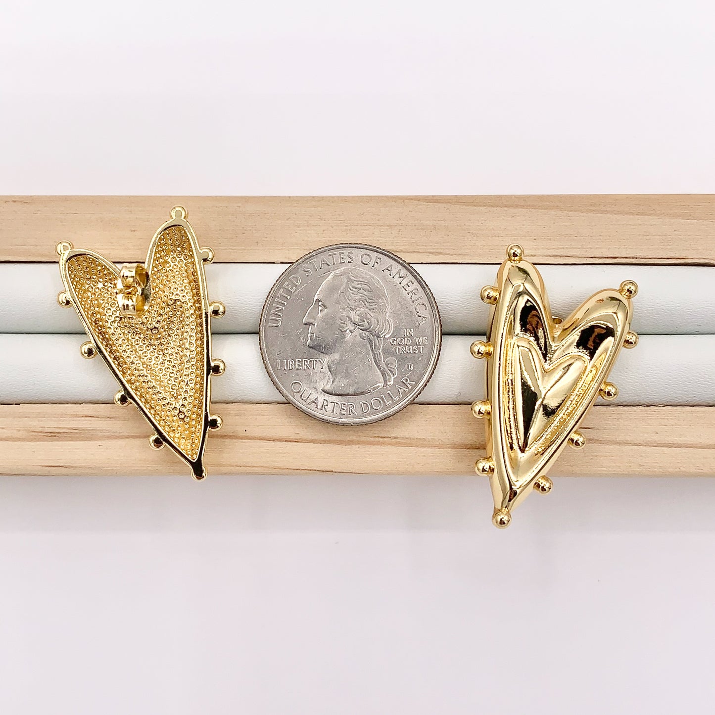 Large Dotted Heart Earring Stud in Real 18K Gold Plated Over Copper 5 PAIRS