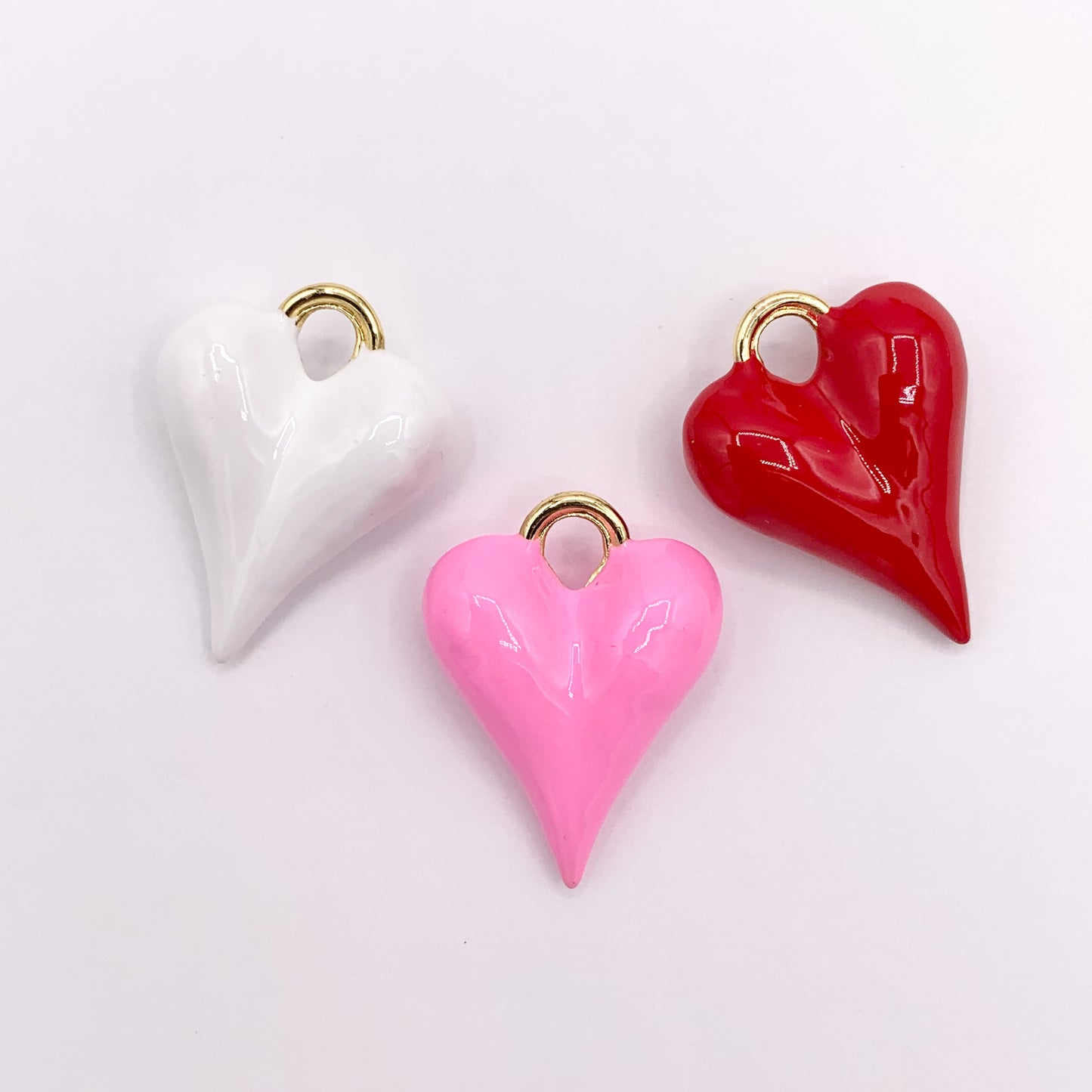 Enamel Larger Heart Charm Double Sided Puffy Heart Valentine's Day Pendants in 18K Gold Plated Over Copper | Pink, Red & White 5 PCS
