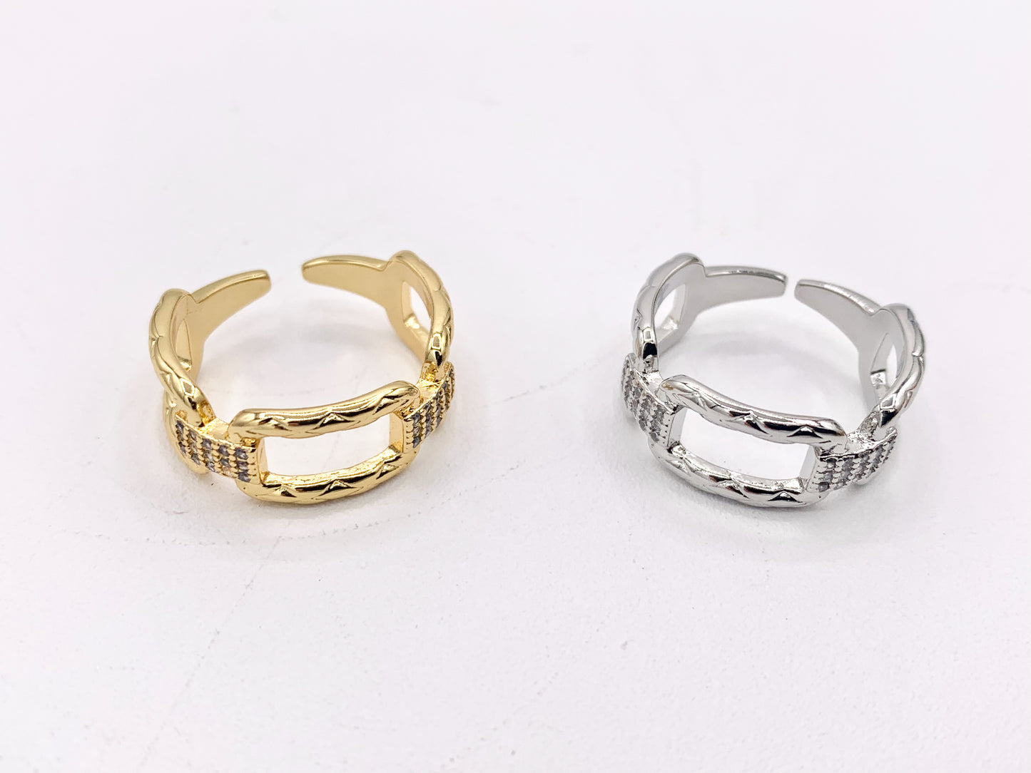 Rectangle CZ Pave Link Rings in 18K Gold or Silver Plated Copper 5 PCS