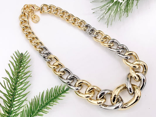 Chunky Oval Link Chain Necklace in Gold/Silver 2 Tone Plated Copper Finished Necklace 18" with 2" Extension Link