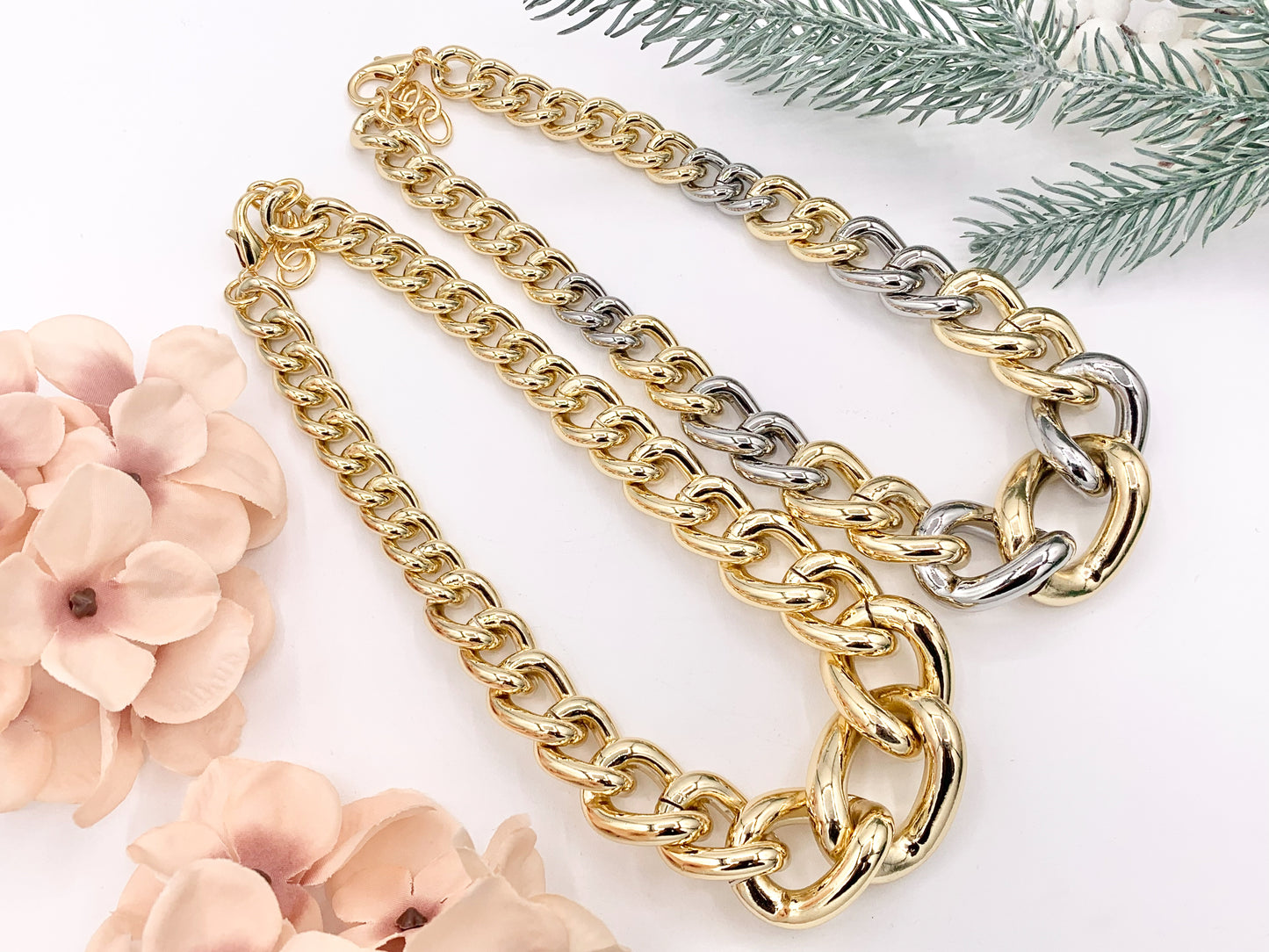 Chunky Oval Link Chain Necklace in Gold/Silver 2 Tone Plated Copper Finished Necklace 18" with 2" Extension Link