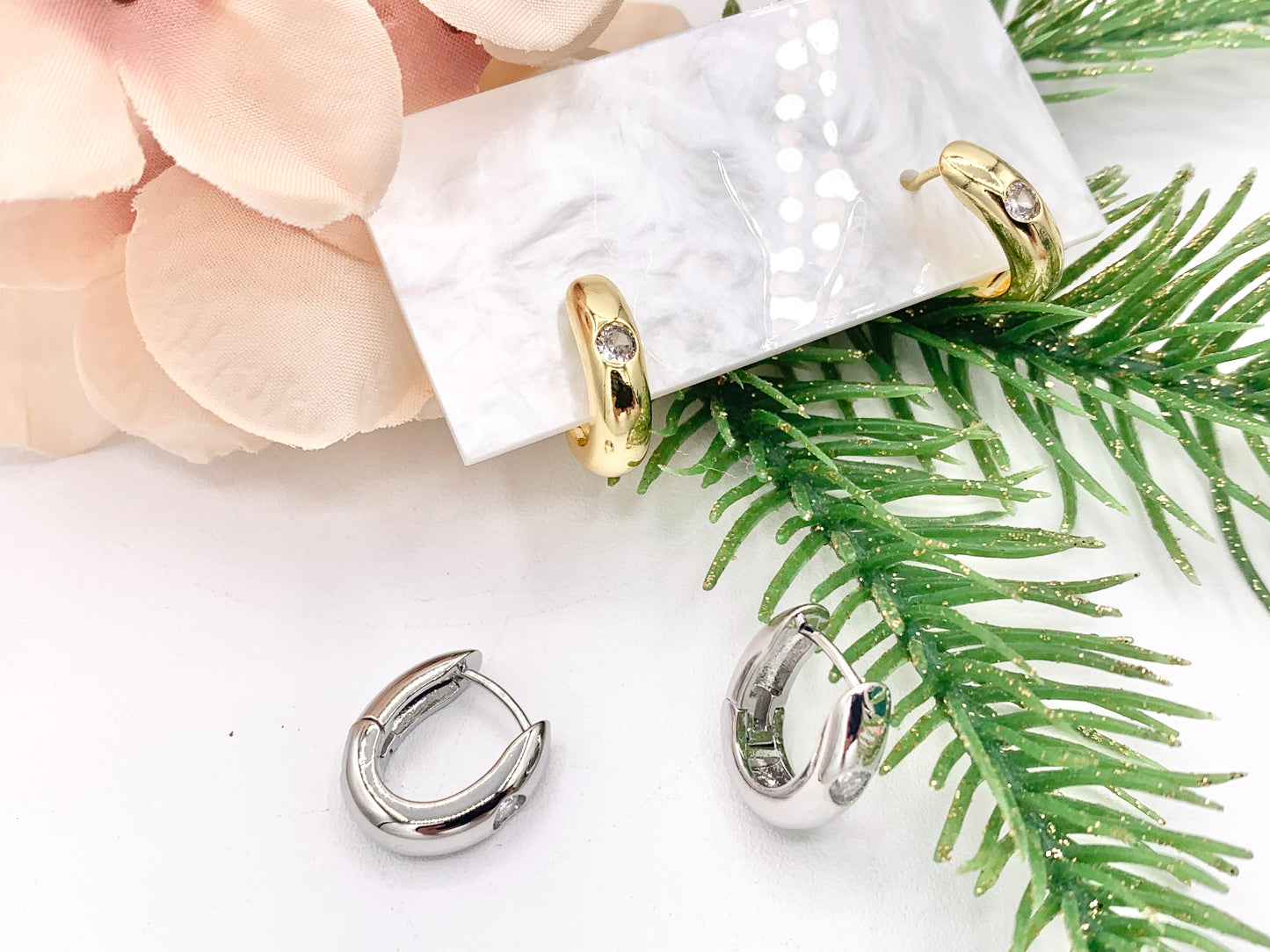 Oval Earring Hoop Huggies in CZ Pave Real Gold/Platinum 18K Over Copper 5 PAIRS