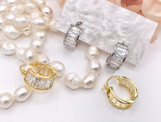 Fancy Baguette Earring Hoop Huggies in Real Gold/Silver 18K Micro Pave CZ 3 PAIRS