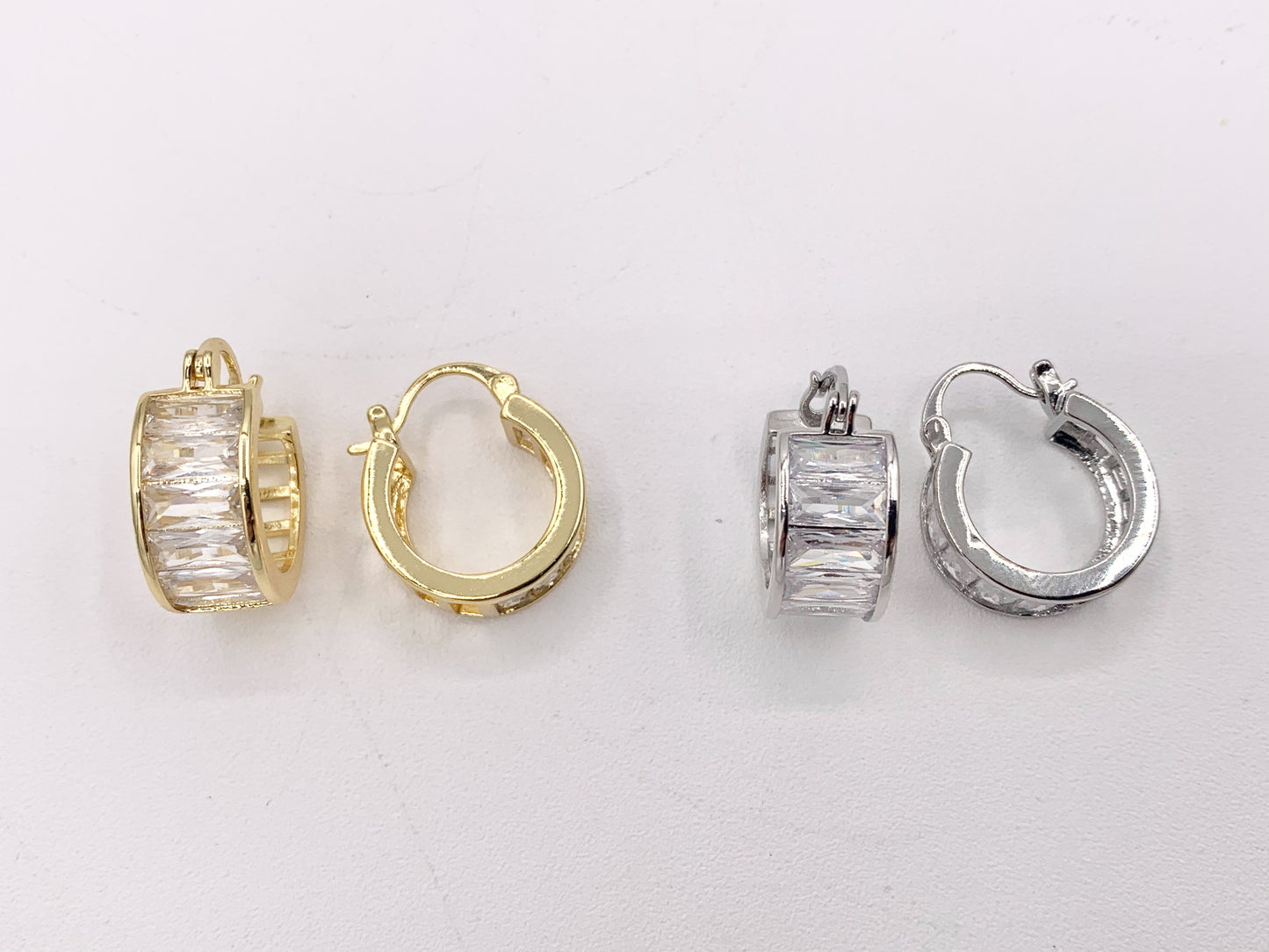 Fancy Baguette Earring Hoop Huggies in Real Gold/Silver 18K Micro Pave CZ 3 PAIRS