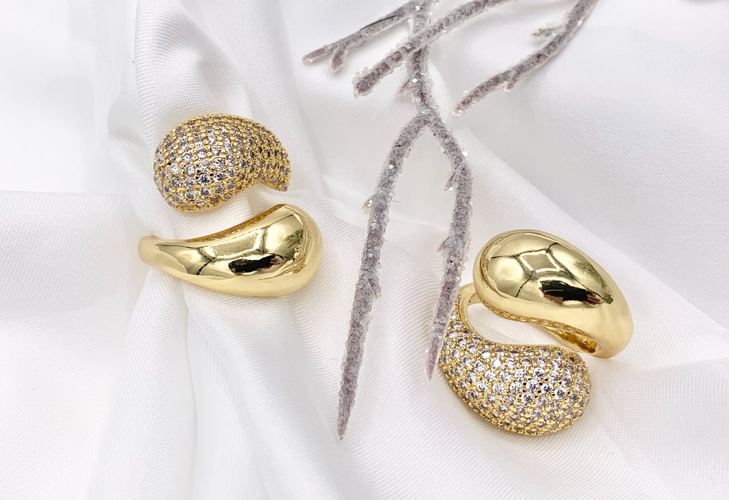 Simple Chunky Teardrop Bypass Ring in CZ Pave 18K Gold Plated Brass 4 PCS