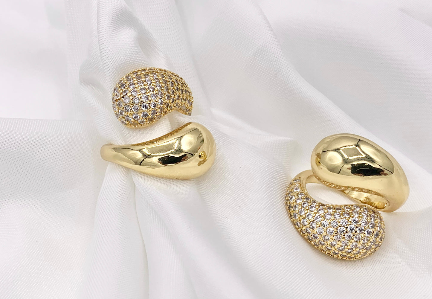 Simple Chunky Teardrop Bypass Ring in CZ Pave 18K Gold Plated Brass 4 PCS