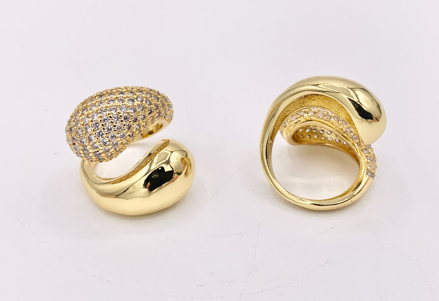 Simple Chunky Teardrop Bypass Ring in CZ Pave 18K Gold Plated Brass 4 PCS