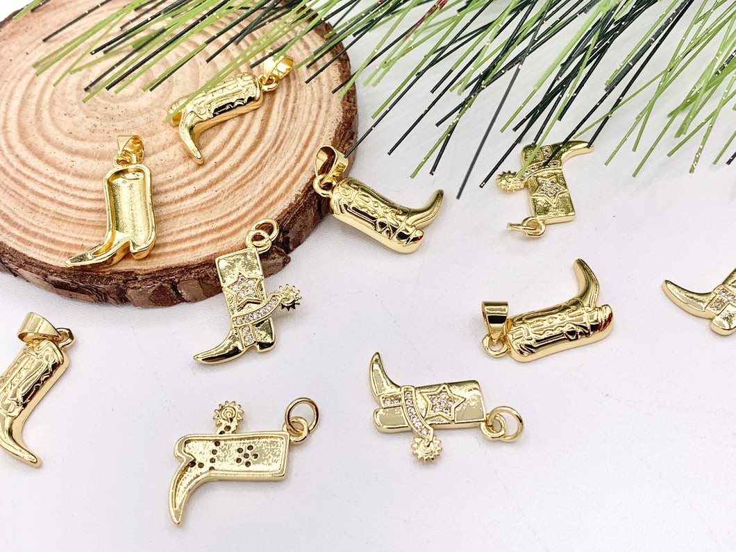 Western Cowboy Boots Texas Ranch One Sided Pendant Charms in CZ Pave 18K Gold Plated Copper 10 PCS