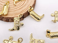 Load image into Gallery viewer, Western Cowboy Boots Texas Ranch One Sided Pendant Charms in CZ Pave 18K Gold Plated Copper 10 PCS
