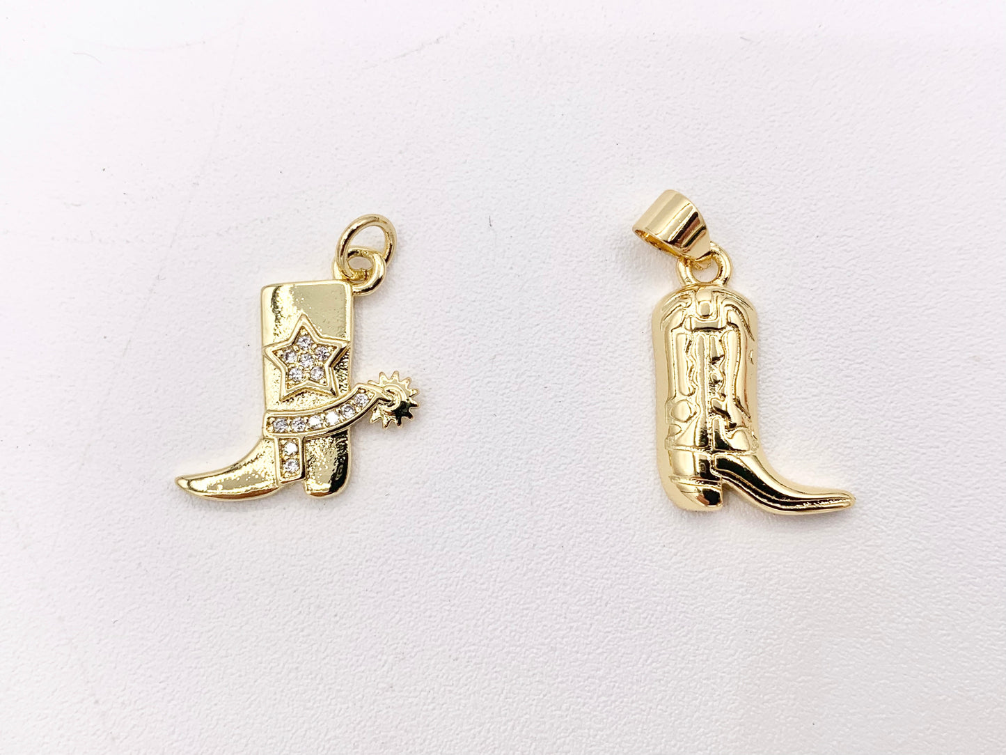 Western Cowboy Boots Texas Ranch One Sided Pendant Charms in CZ Pave 18K Gold Plated Copper 10 PCS