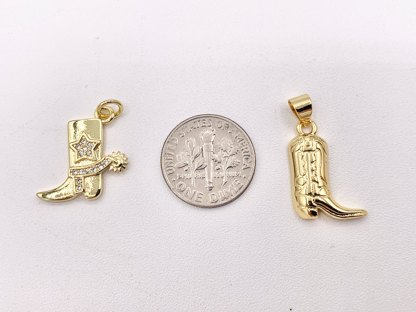 Western Cowboy Boots Texas Ranch One Sided Pendant Charms in CZ Pave 18K Gold Plated Copper 10 PCS