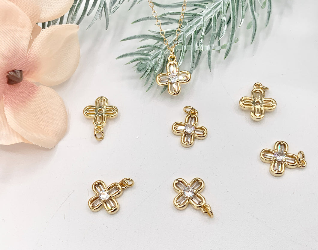 Dainty Mini Flower Quatrefoil Clover Pave Charms in Real Gold 18K Plated Micro CZ Over Brass 10 PCS