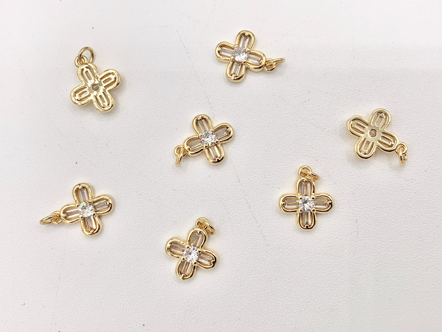 Dainty Mini Flower Quatrefoil Clover Pave Charms in Real Gold 18K Plated Micro CZ Over Brass 10 PCS