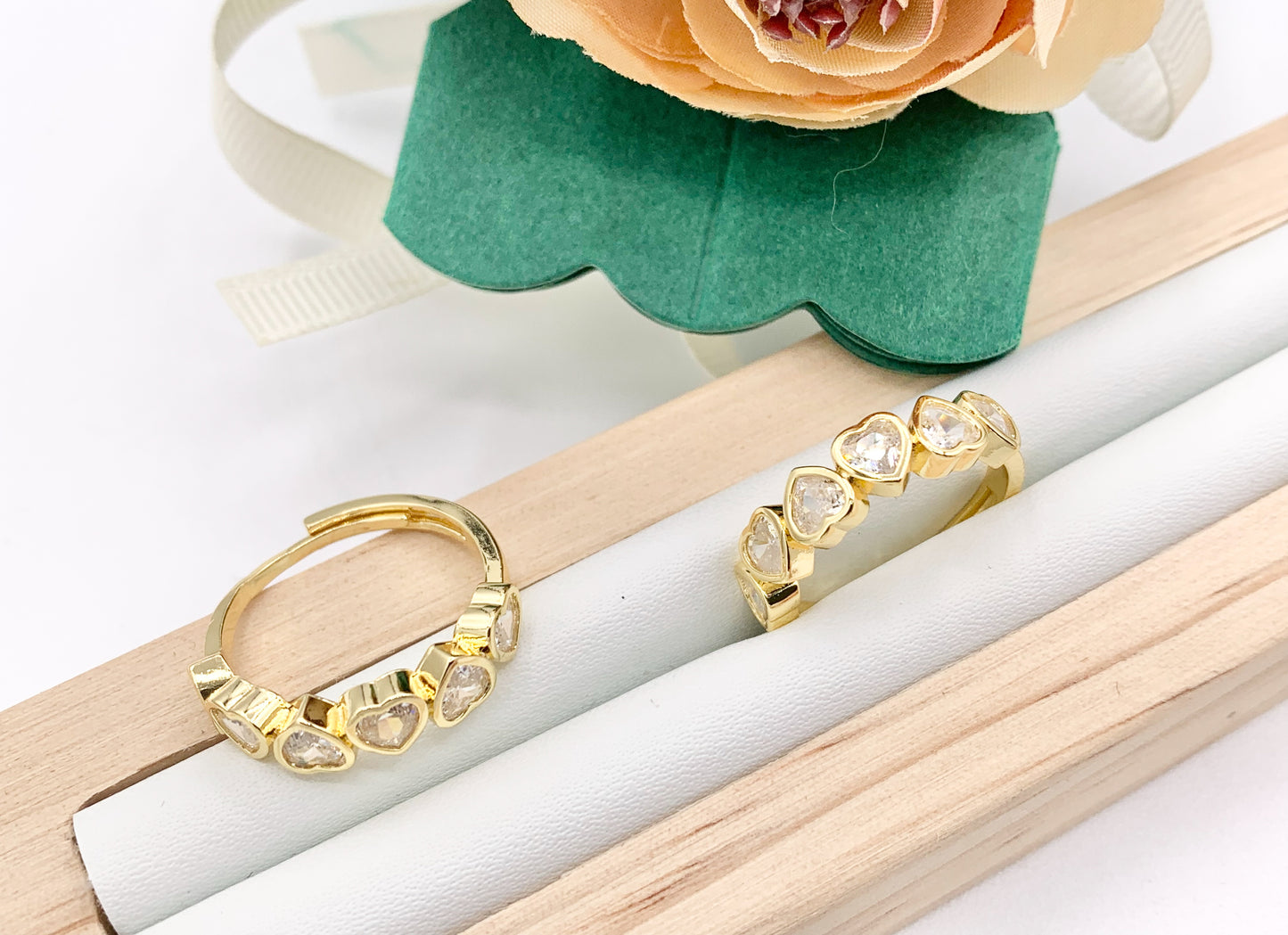 Dainty Hearts Rhinestone Rings in Real 18K Gold Plated CZ Pave Adjustable Statement Ring 4 PCS