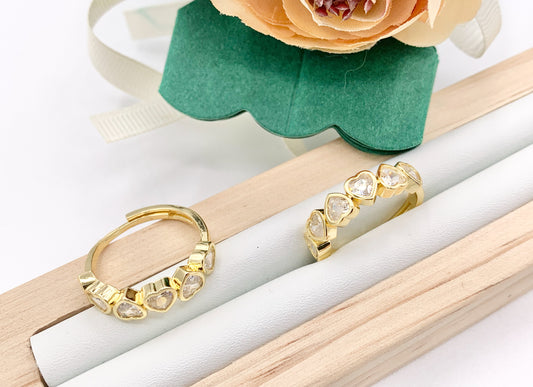 Dainty Hearts Rhinestone Rings in Real 18K Gold Plated CZ Pave Adjustable Statement Ring 4 PCS