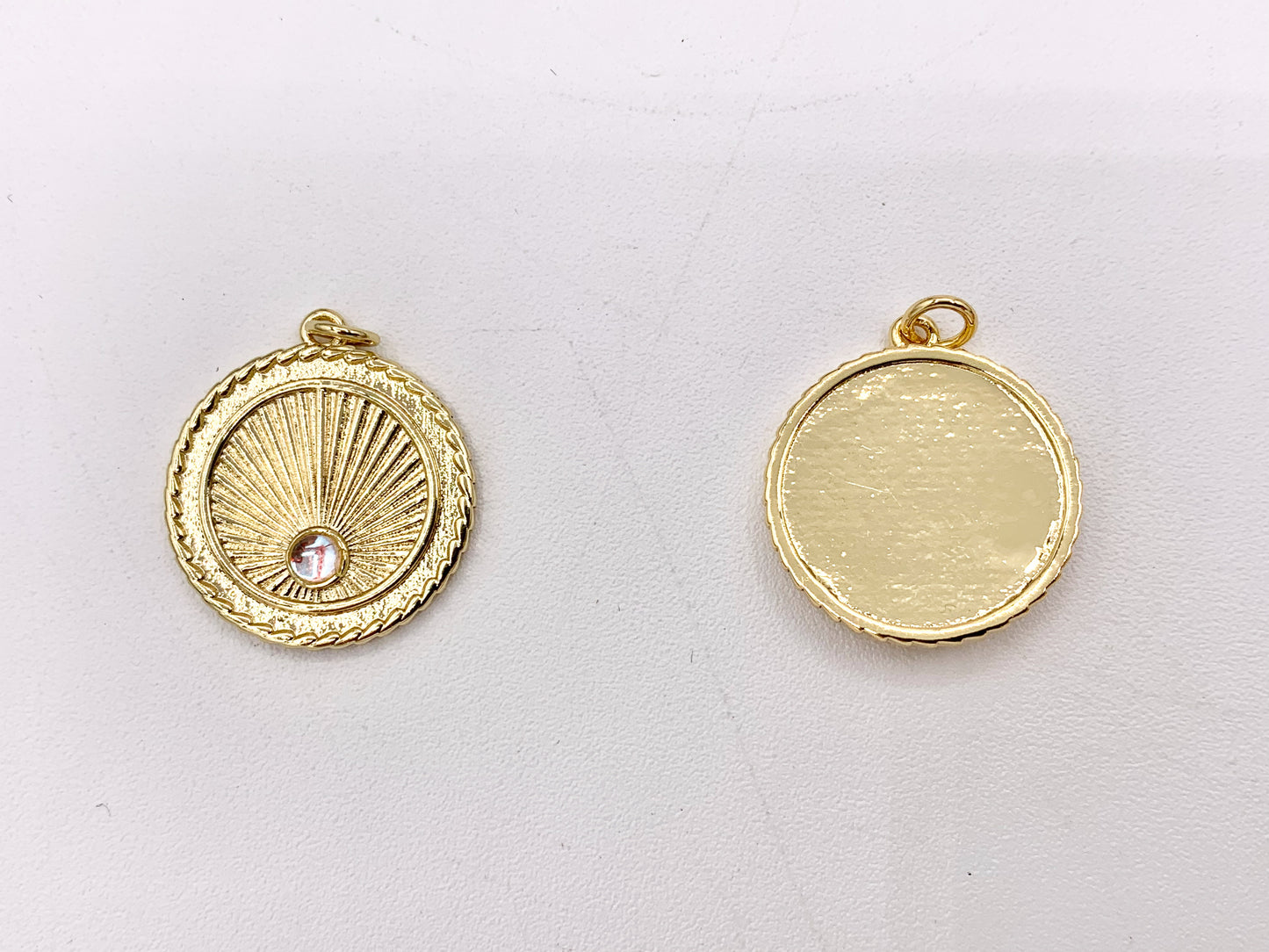 Gold Coin Pendant Charms Opalite Center in 18K Gold Plated Copper 5 PCS