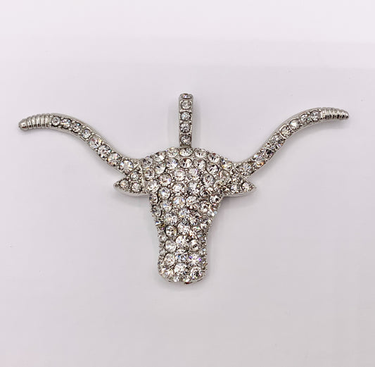 1.9x3.2" Long Horn Rhinestone Steer Head Pendants Large Bull Head Pendants in Silver 1PC