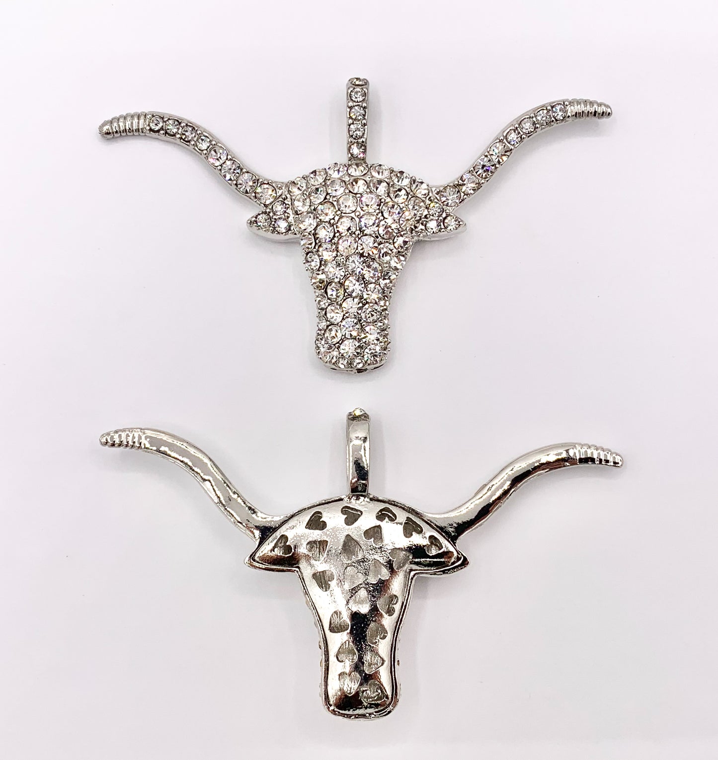 1.9x3.2" Long Horn Rhinestone Steer Head Pendants Large Bull Head Pendants in Silver 1PC