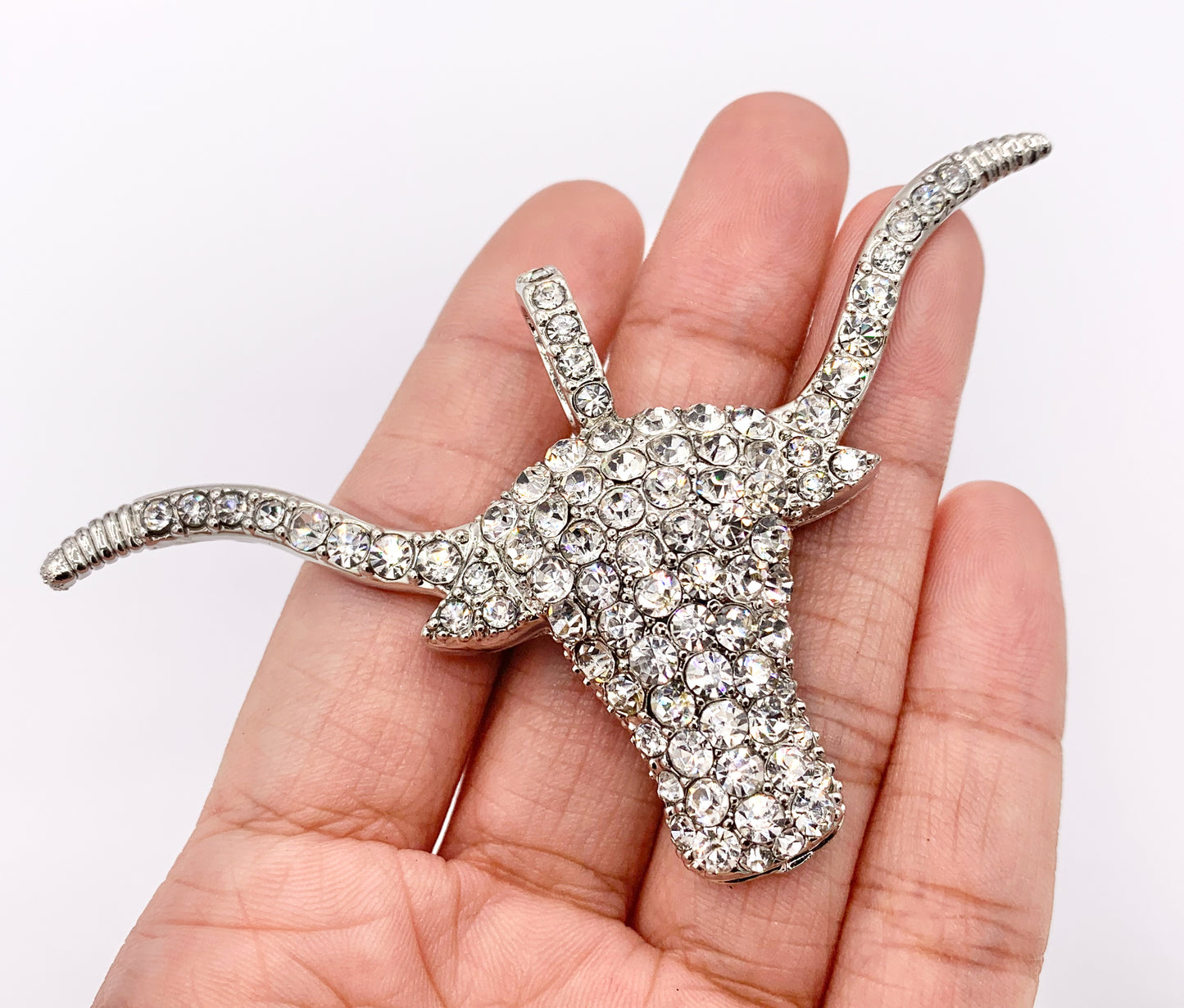 1.9x3.2" Long Horn Rhinestone Steer Head Pendants Large Bull Head Pendants in Silver 1PC