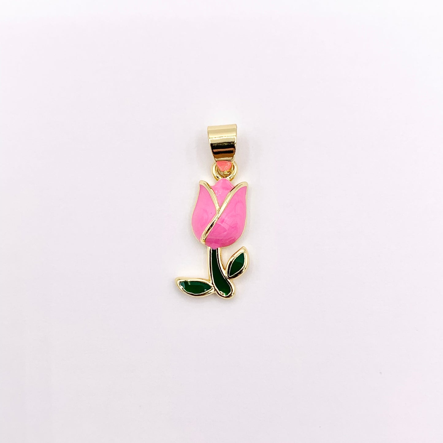 Pink Enamel Rose Flower Pendant With Bail in Real Gold 18K Plated Over Copper 10 PCS